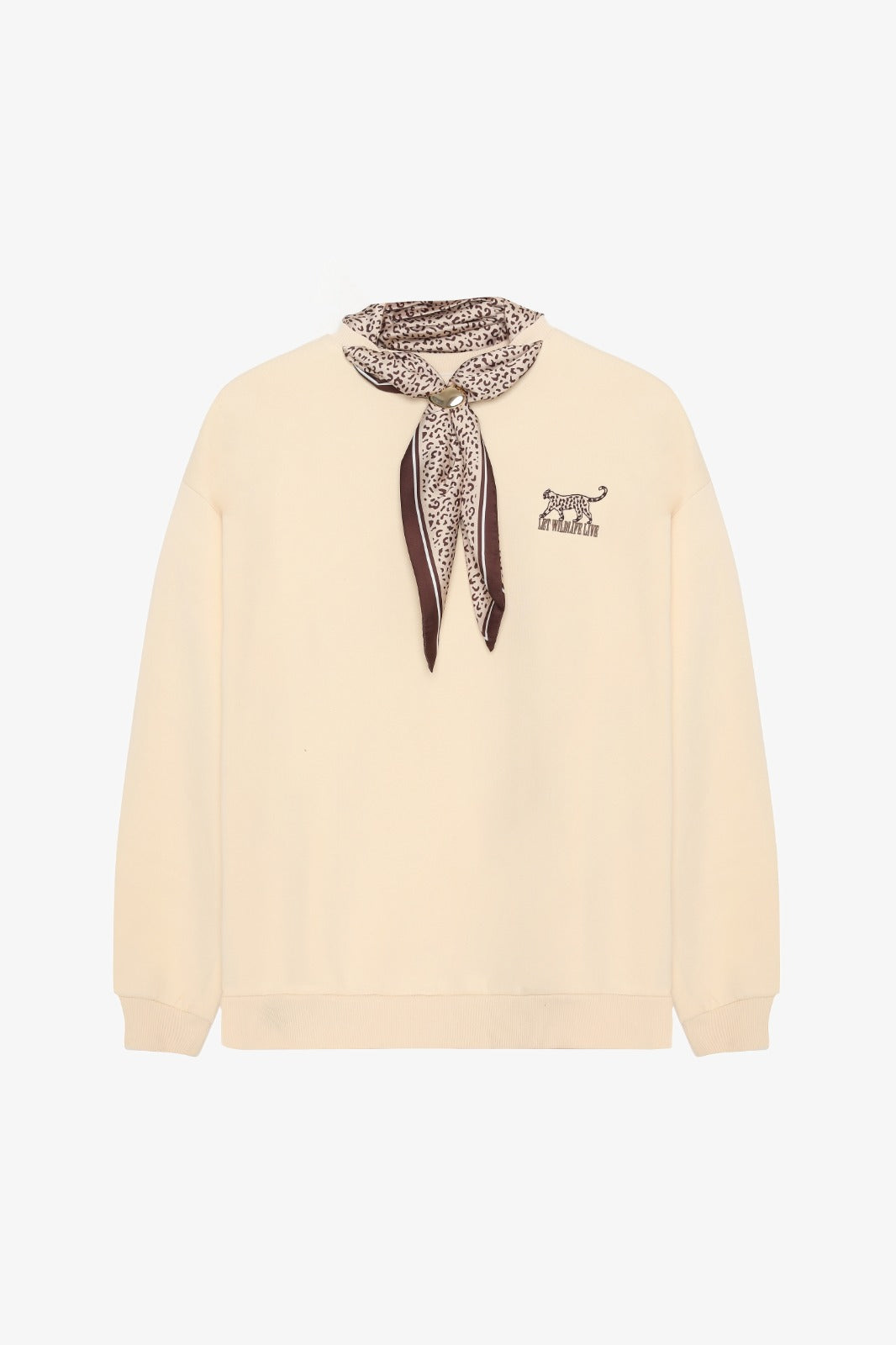 Fular ve Nakış Detaylı Oversize Sweatshirt Bej