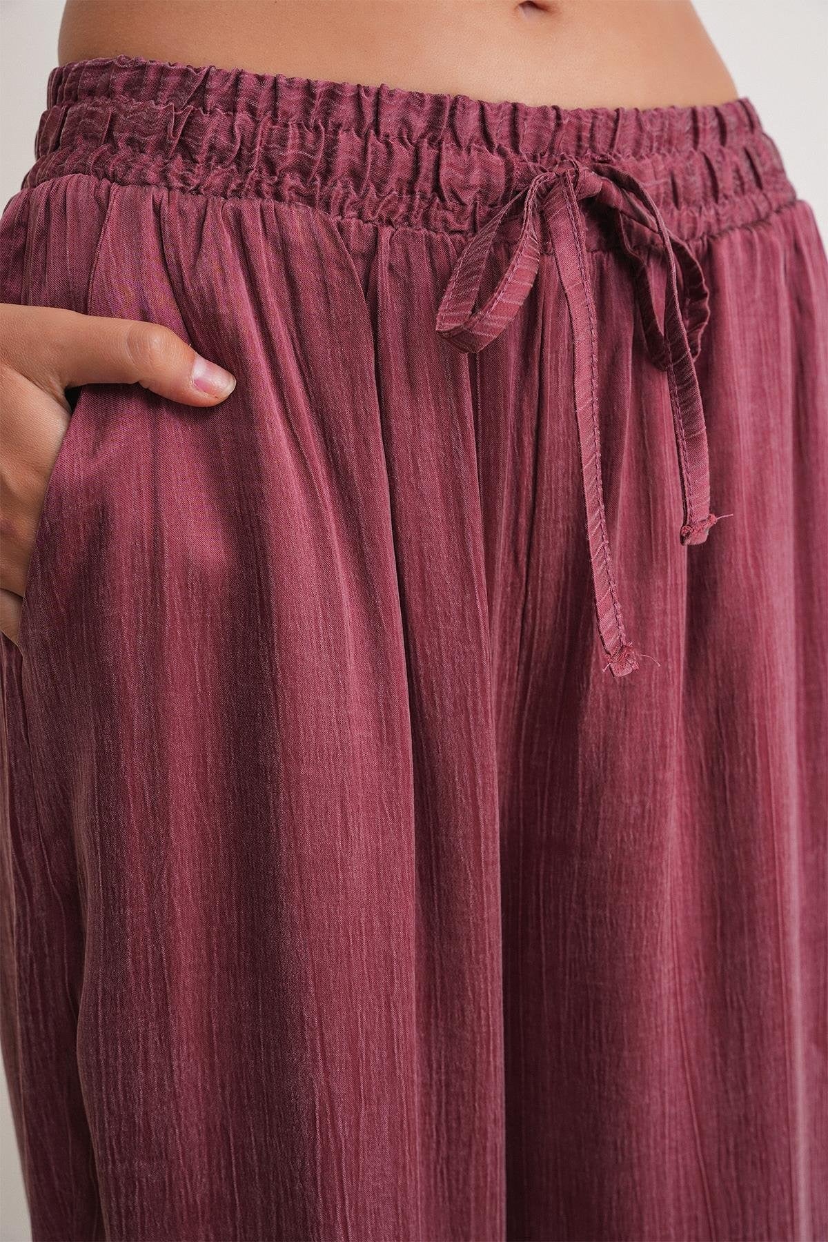 KADIN PANTOLON BELİ LASTİKLİ BOL PAÇA WİDE LİGE ESKİTME KETEN