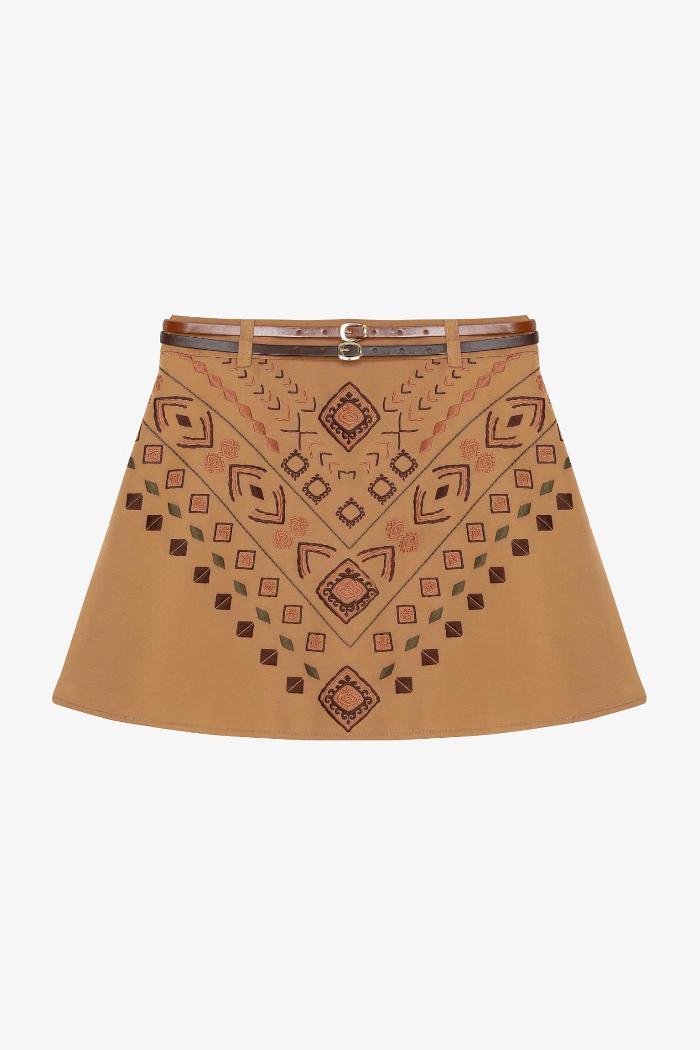 Nakış Detaylı Kemerli Etek Bej