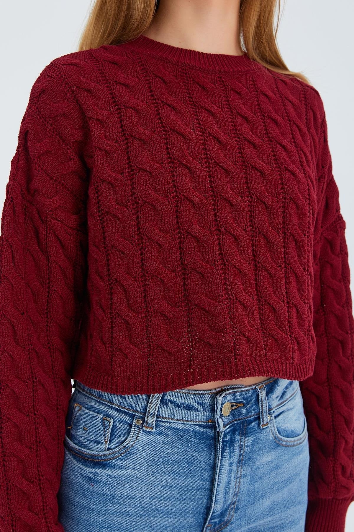 Kadın Saç Örgülü Crop Triko Kazak
