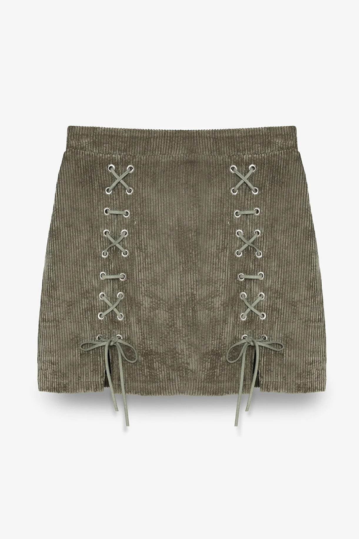 Bağcıklı Kadife Fitilli Mini Etek Haki