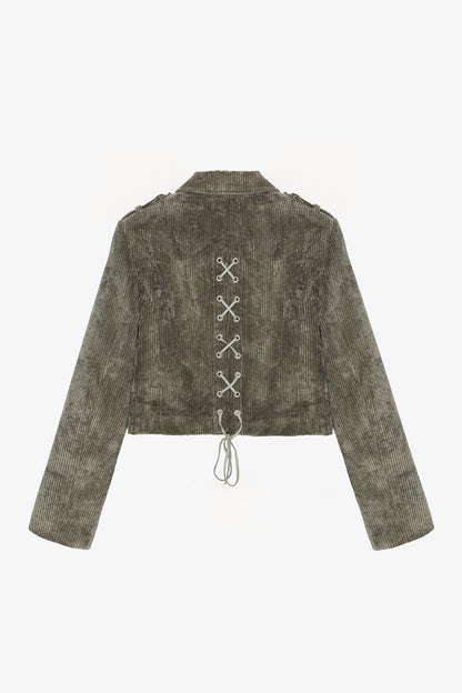 Bağcıklı Kadife Fitilli Crop Ceket Haki