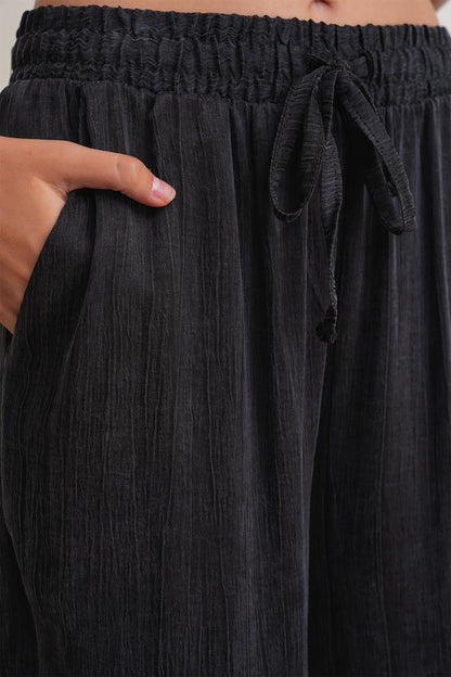 KADIN PANTOLON BELİ LASTİKLİ BOL PAÇA WİDE LİGE ESKİTME KETEN
