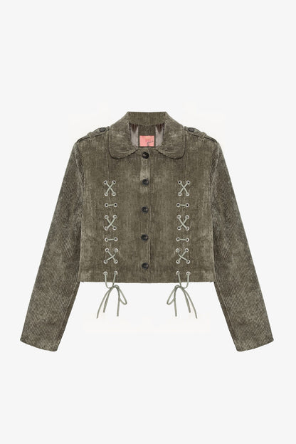 Bağcıklı Kadife Fitilli Crop Ceket Haki