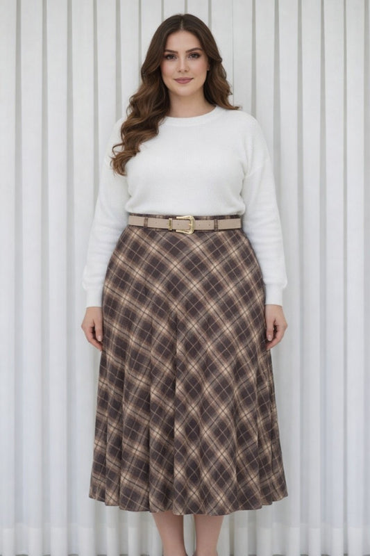 Kadın Büyük Beden Ekose Desenli Uzun Yüksek Bel Yandan Fermuar Kışlık Etek (Astarlı Dökümlü Model)