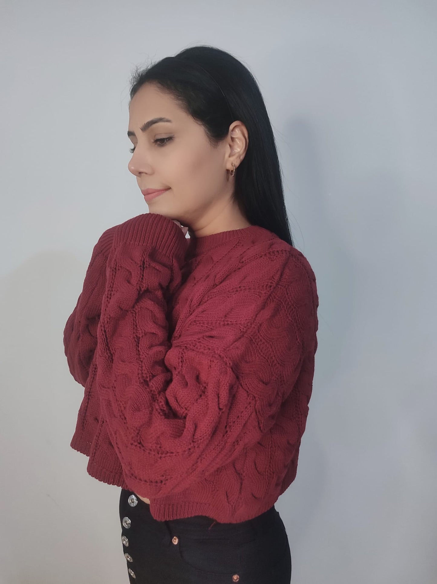 Kadın Saç Örgülü Crop Triko Kazak