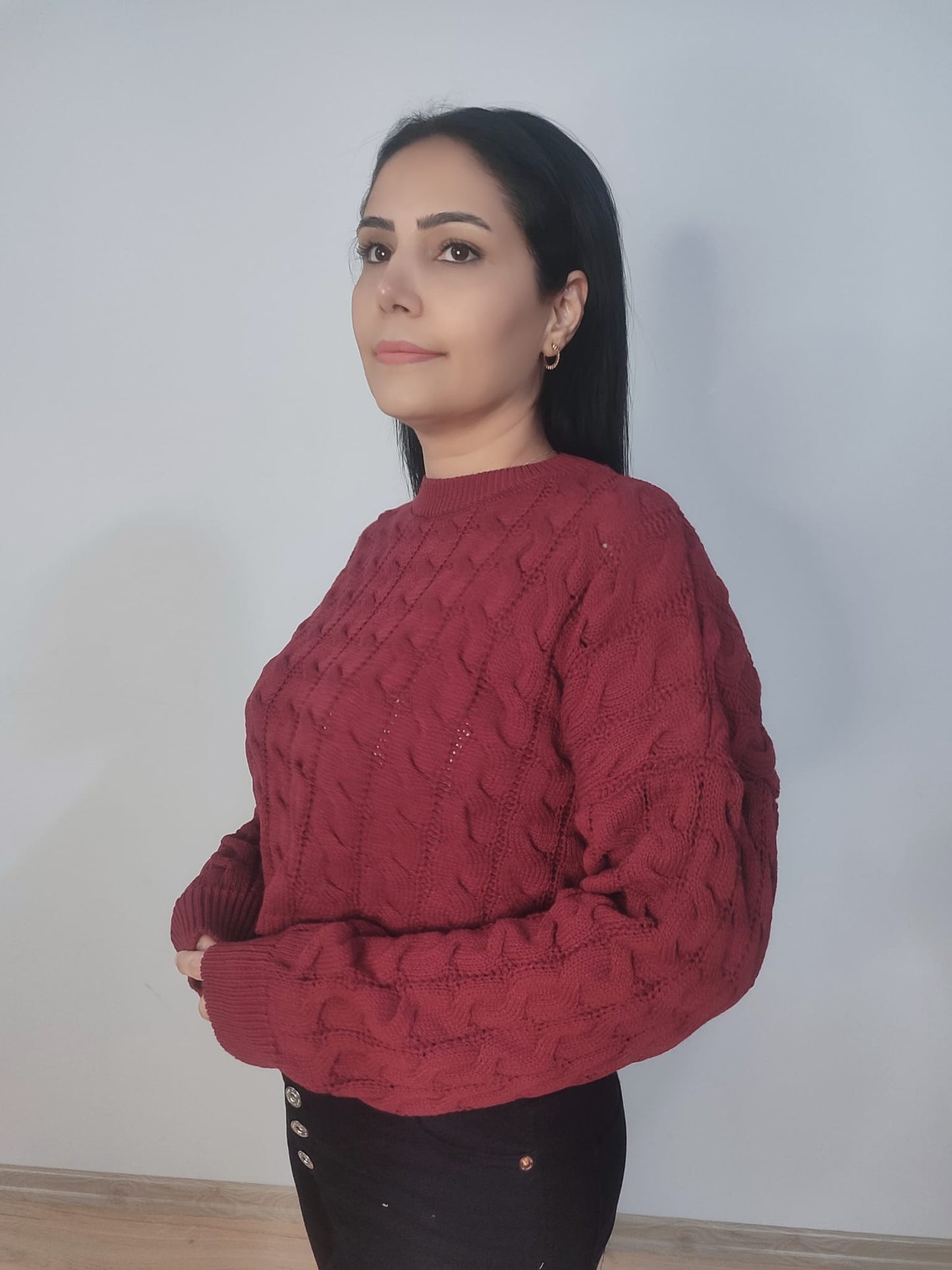 Kadın Saç Örgülü Crop Triko Kazak