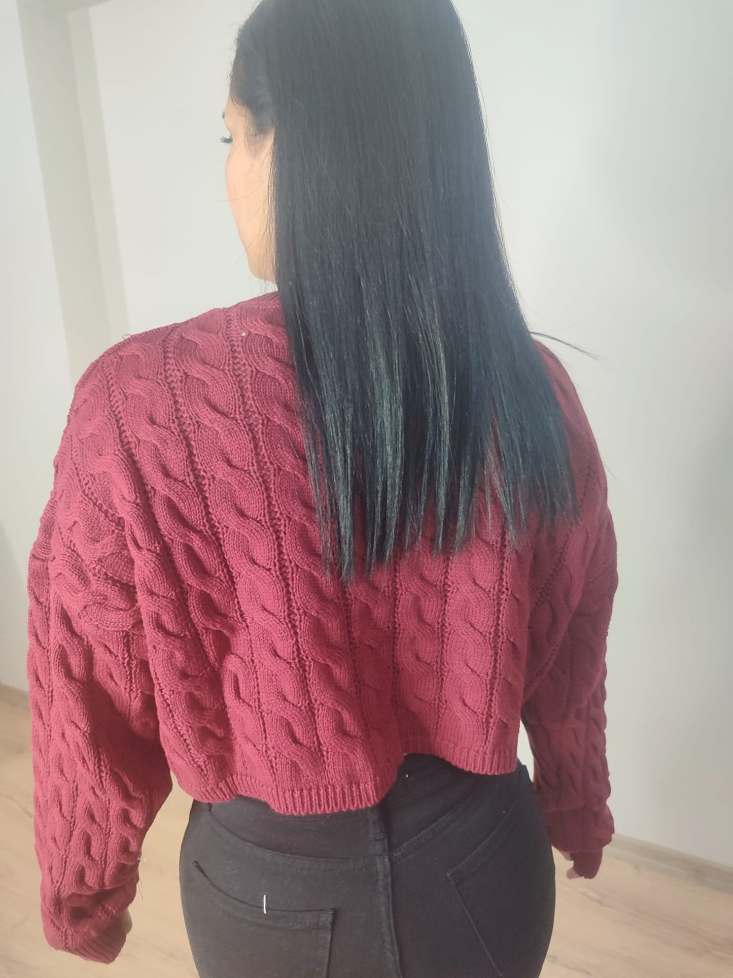 Kadın Saç Örgülü Crop Triko Kazak