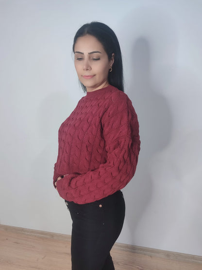 Kadın Saç Örgülü Crop Triko Kazak