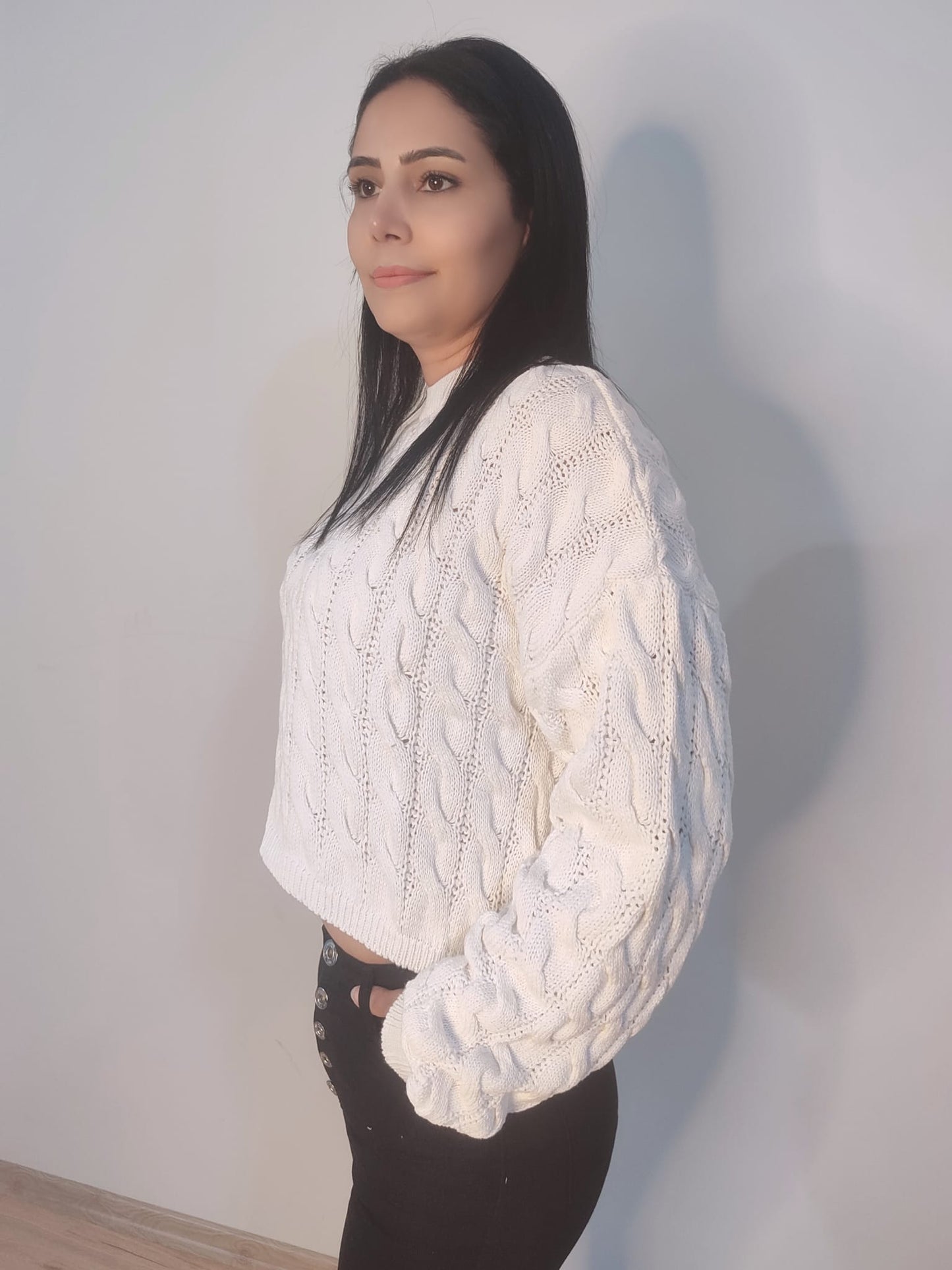 Kadın Saç Örgülü Crop Triko Kazak