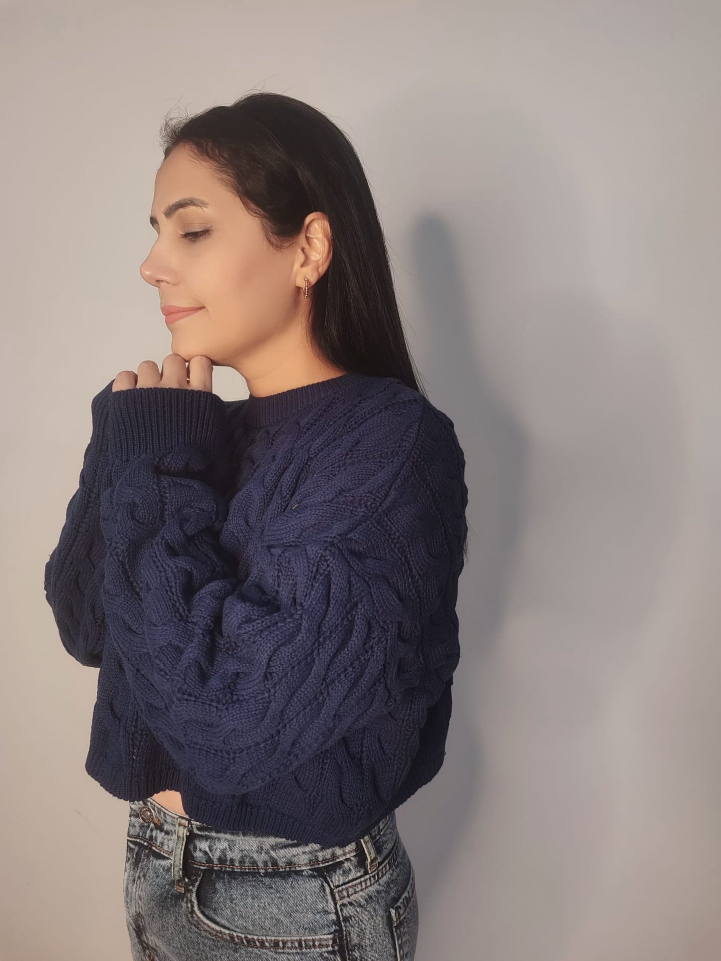 Kadın Saç Örgülü Crop Triko Kazak