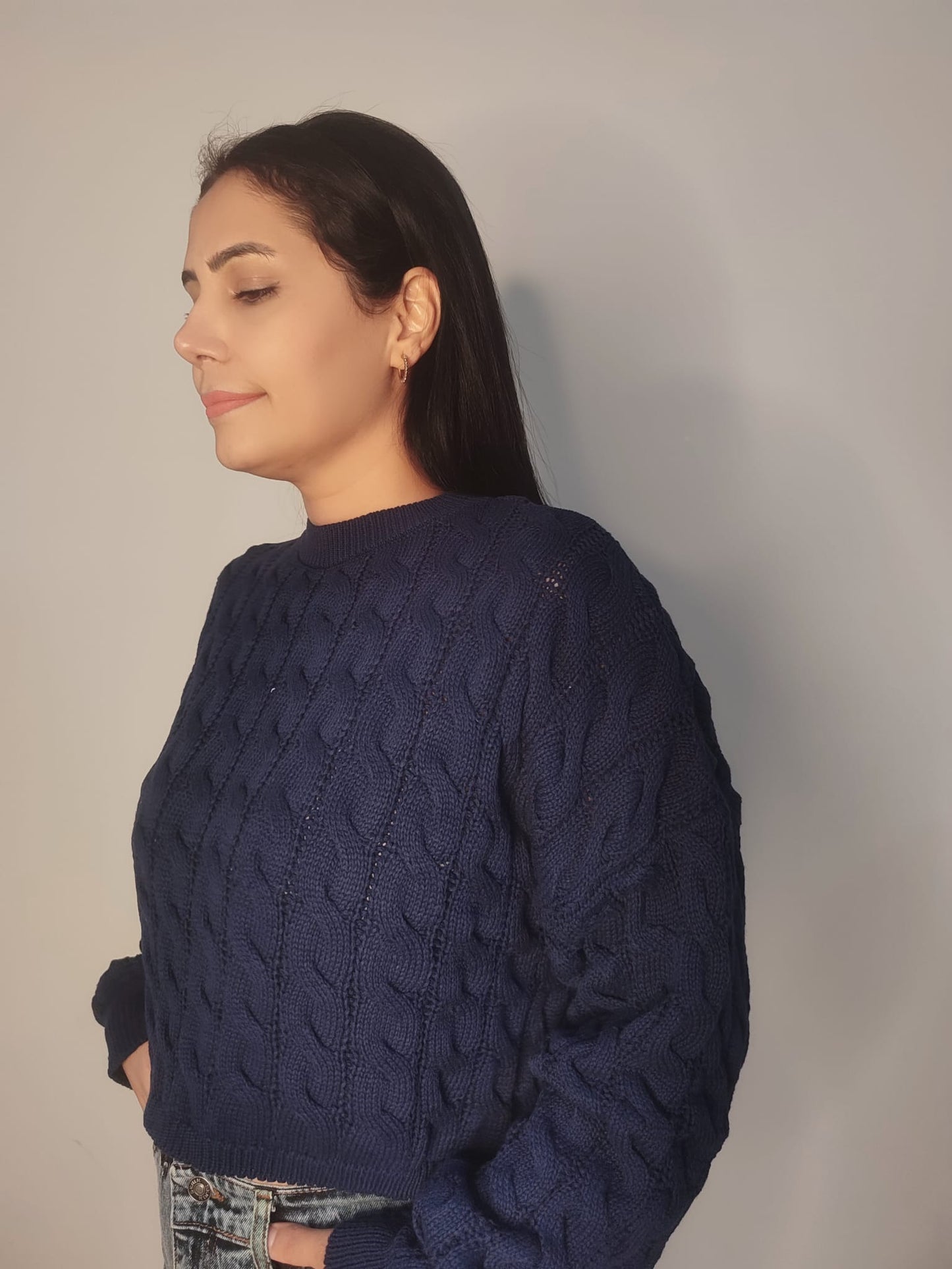 Kadın Saç Örgülü Crop Triko Kazak