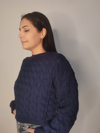 Kadın Saç Örgülü Crop Triko Kazak