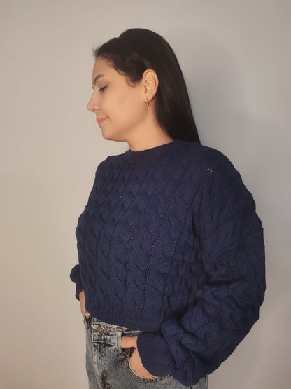 Kadın Saç Örgülü Crop Triko Kazak