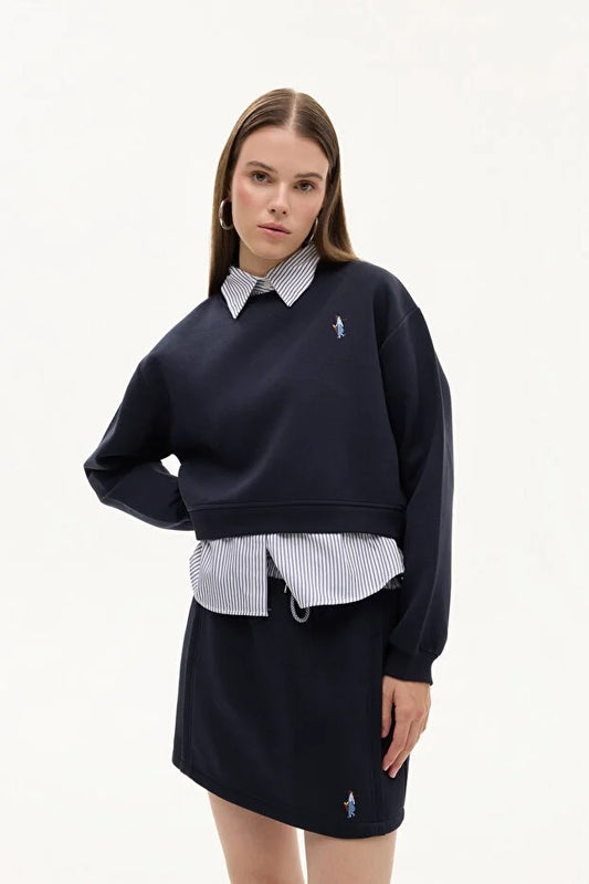 Sweatshirt Çıkarılabilir Gömlek Yaka detaylı Şardonlu (Lacivert)