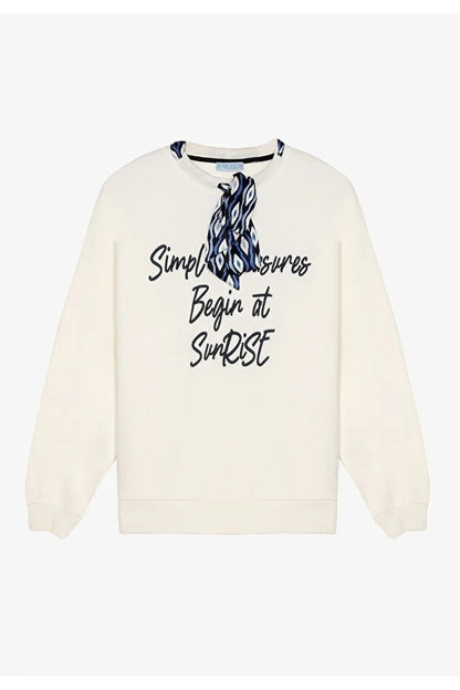 Fularlı Yazı Nakışlı Oversize Sweatshirt Ekru